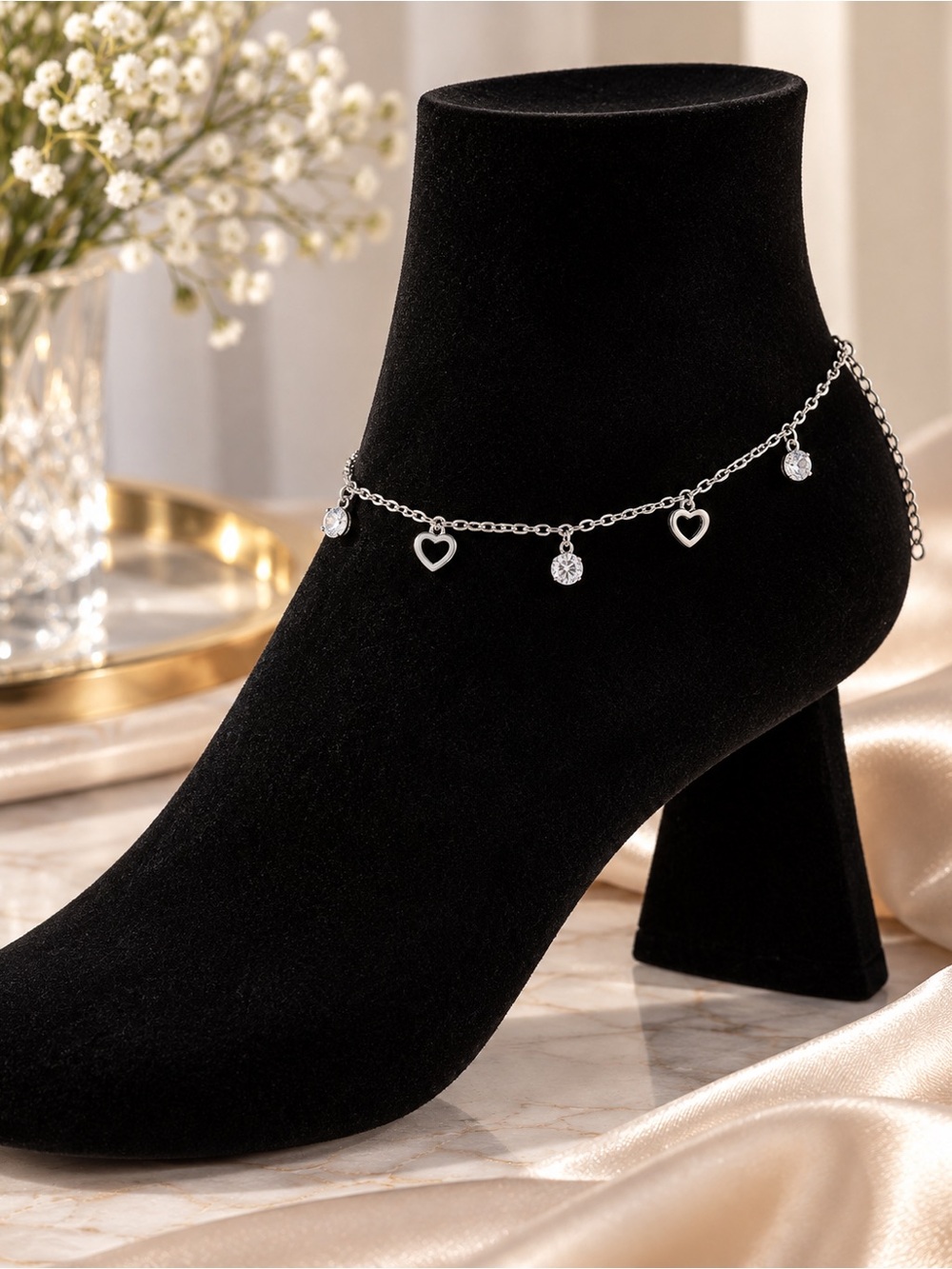 Stainless steel silver Heart Charm Anklet with Crystal Drops - Women Accessories